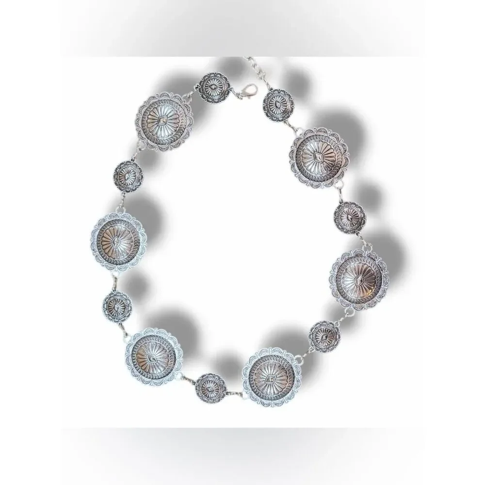 Silver Sunburst Concho Link Chain Belt Western Cowgirl Boho Festival OS NWT